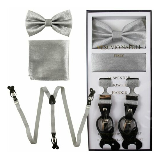 New in box Convertible Elastic Suspender_Bow tie & Hankie Silver glitter formal image {2}