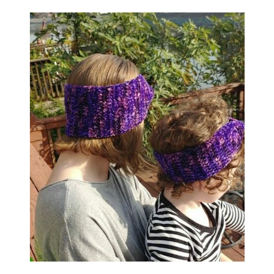 Girls Velvet Twisted Crochet Earwarmer Headband Dark Purple Multi Handmade NEW image {4}