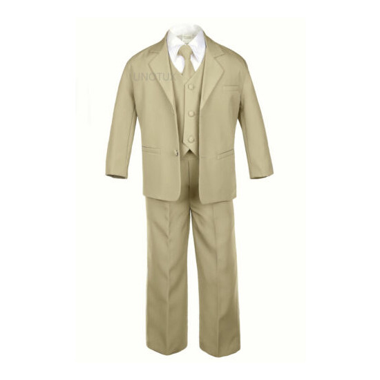 New 5pc Khaki Baby Toddler Teen Boys Wedding Formal Vest Necktie Tuxedo Suits  image {2}