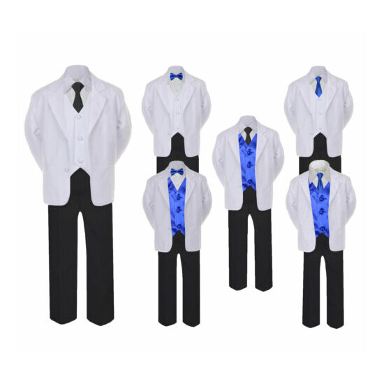 5-7pc Formal Black White Suit Royal Blue Bow Tie Neck Vest Boy Baby Sm-20 Teen image {1}