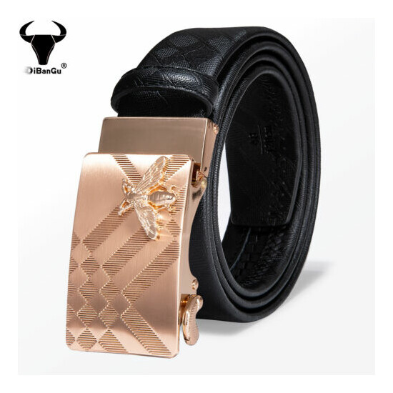 DiBanGu Men's Soild Gold Adjustable Ratchet Buckle Black Leather Belts Waistband image {1}