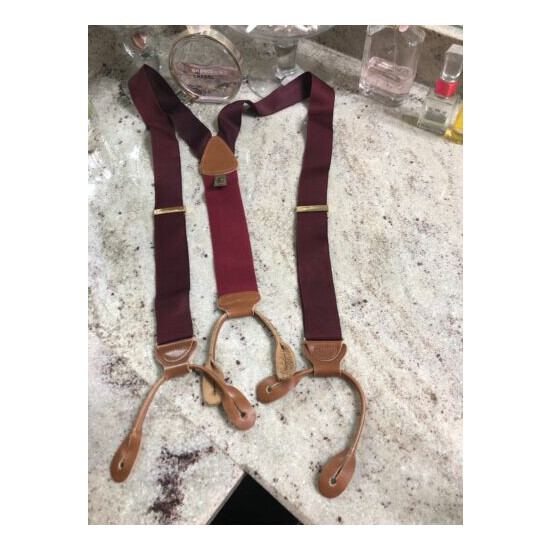 TRAFALGAR Mens Solid Burgundy Adjustable Leather Tan Trim Suspenders Braces image {1}