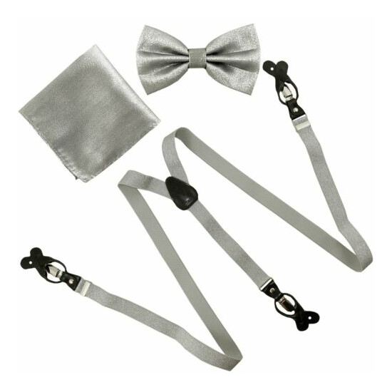 New in box Convertible Elastic Suspender_Bow tie & Hankie Silver glitter formal image {1}