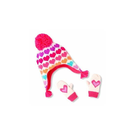 THE CHIILDREN'S PLACE GIRL 2PC HEARTS FLEECE LINED KNIT HAT MITTENS SET S/12-24M image {1}