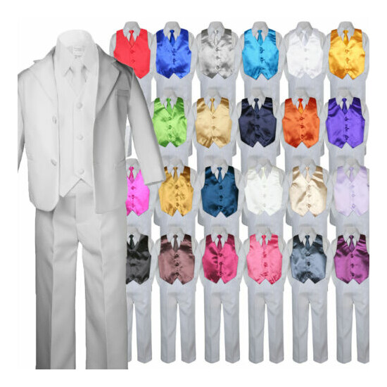 7pc Boy Baby Kid Teen Formal Wedding White Suit Tuxedo Extra Vest Necktie sz S-7 image {1}