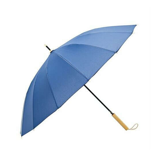 Real Wood Handle 16-ribs Classic Auto Open Stick Umbrella with Blue Canopy image {2}