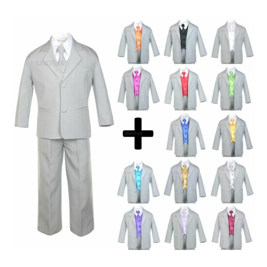 7 PC Vest Tie + Baby Toddler Teen Formal Wedding Party Tuxedo Gray Boy Suit S-20 image {1}