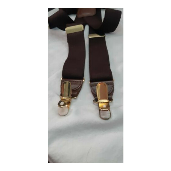 VTG PELICAN USA dark brown solid suspenders brass clips EUC image {4}
