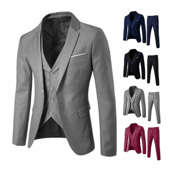 Business Men’s Suit Slim 2/ 3- Suit Blazer Wedding Party Jacket Vest Pant image {2}