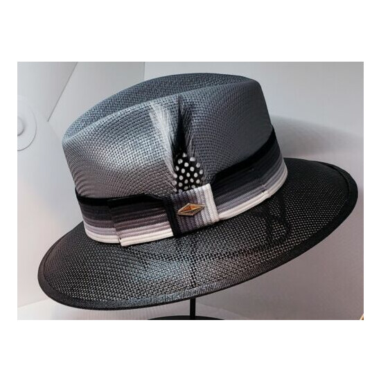 Mens Black Dark Gray Viejo Lowrider hat fedora ombre band Rooster feather image {2}