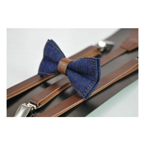 Boy Kids Navy Blue Denim Brown Faux Leather Bow tie + Brown Leather Suspenders image {1}