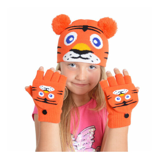 Kids Animal Hat & Mitten Warm Winter Gloves Beanie Set Fun Boys Girls Outdoor  image {3}