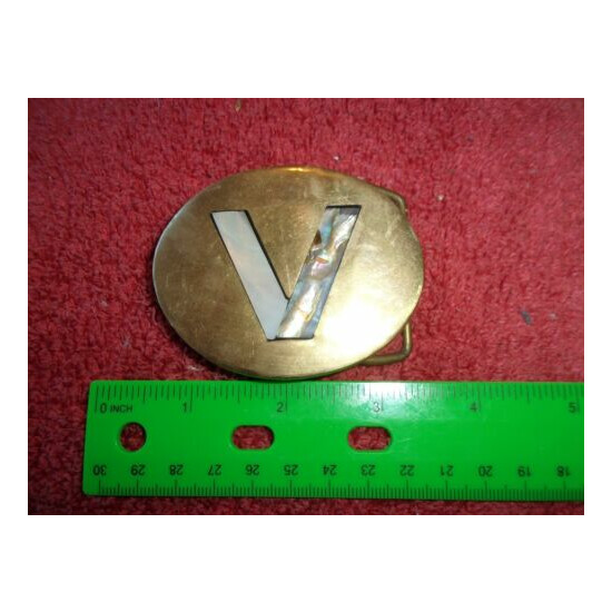 Vintage Brass Belt Buckle Letter V Initial Mother of Pear & Abalone Shell Oval  image {1}