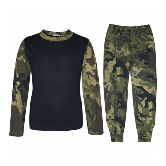 Kids Boys Girls Pjs Contrast Camouflage Green Plain Stylish Pyjamas Set 2-13 Yrs image {1}