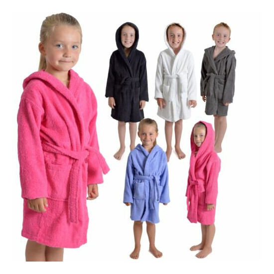 Kids Childrens 100% Cotton Bathrobe Terry Towelling Hooded Bath Robe Gown 7 - 13 image {1}