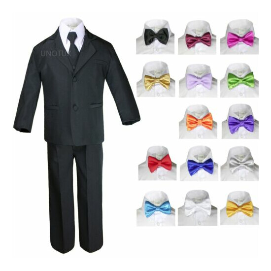 6pc Baby Boy Kid Teen Extra Bow tie Wedding Formal BLACK Vest Necktie Suits S-20 image {1}