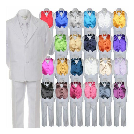 7pc Boy Baby Kid Teen Formal Wedding White Suit Tuxedo Extra Vest Bow Tie sz S-7 image {1}