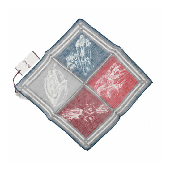 NWT RODA Blue-Gray-Red Quadrant Print Lightweight Linen Pocket Square image {1}