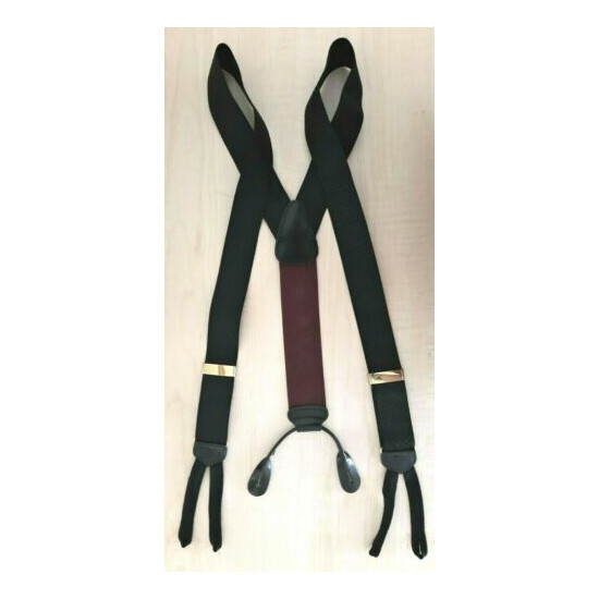 Trafalgar Black Textured Stretch, Brass & Leather Button Suspenders Braces  image {1}