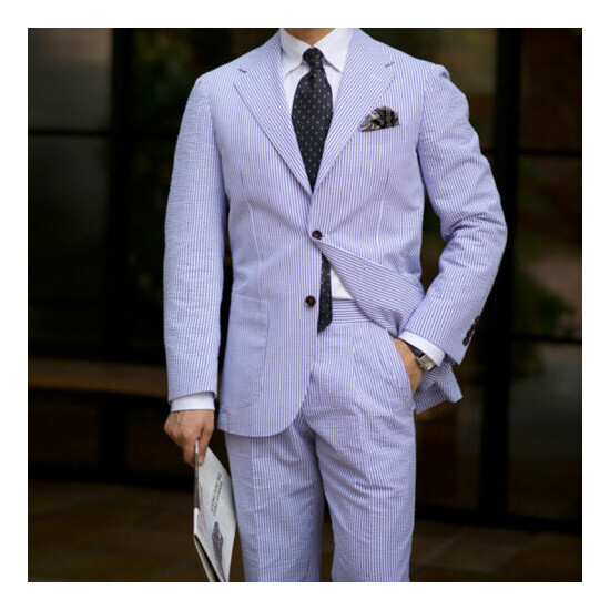 Seersucker Men Suit Light Purple Pinstriped Formal Wedding Party Groom Wear Coat image {2}