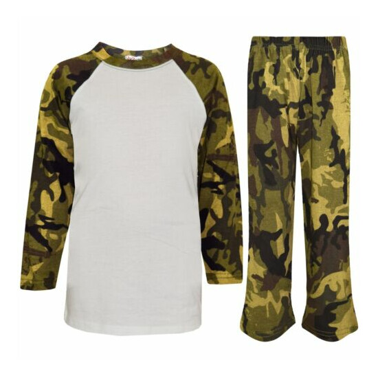 Kids Girls Boys Pyjamas Camouflage Green Contrast Sleeves Nightwear PJS 2-13 Yrs image {1}