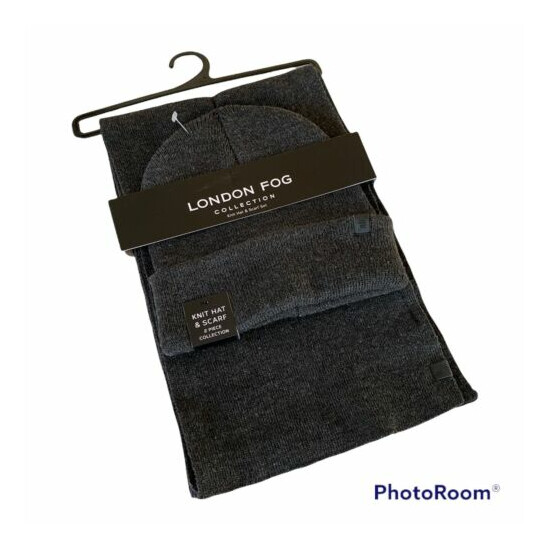 London Fog Mens 2 Piece Set Gray Textured Knit Winter Scarf & Beanie Hat NEW image {1}