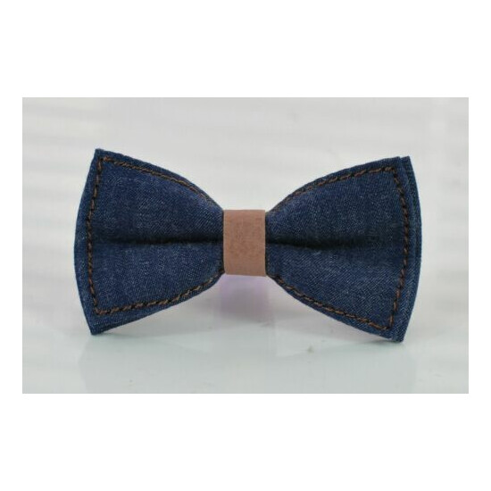 Boy Kids Navy Blue Denim Caramel Faux Leather Bow tie + Brown Leather Suspenders image {2}