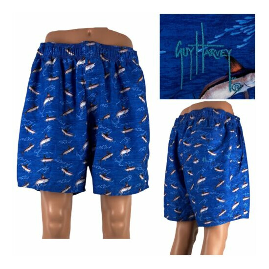 Guy Harvey Mens XL Swim Shorts Blue SwordFish Pockets Mesh Lined All Over EUC image {1}