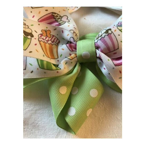 Two Cupcake Clip on Bows Green Pink Hardly Worn image {2}