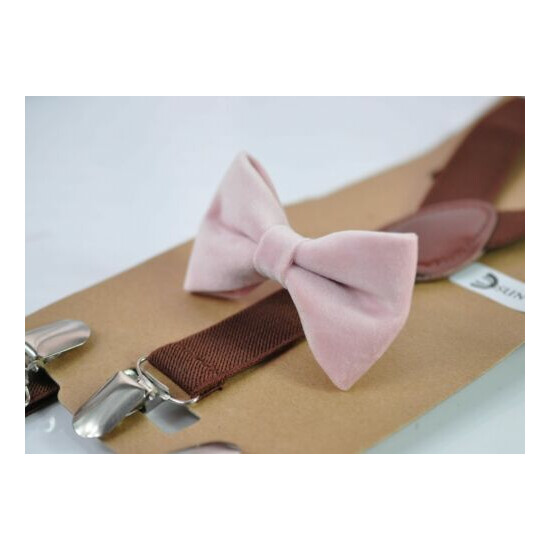 Blush Dusty Pink Velvet Bow tie + Brown Elastic Suspenders for Men / Youth / Boy image {1}