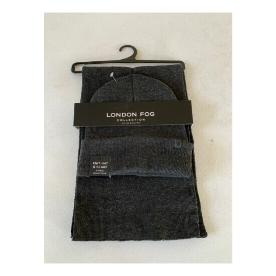 London Fog Mens 2 Piece Set Gray Textured Knit Winter Scarf & Beanie Hat NEW image {2}