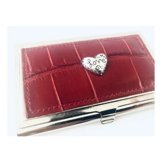 Vintage Red Leather Stainless Steel Business Card Holder Clasp Slim Design Heart image {2}