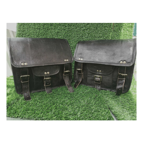Pair Handcrafted Black Leather Saddle Bag Motorcycle Luggage Pannier Storage Bag image {2}