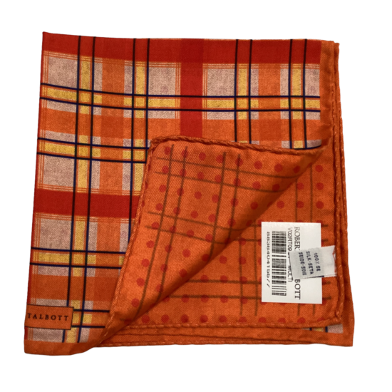 ROBERT TALBOTT Reversible Mens Silk Pocket Square ITALY PLAID Orange/Red NWT $95 image {1}