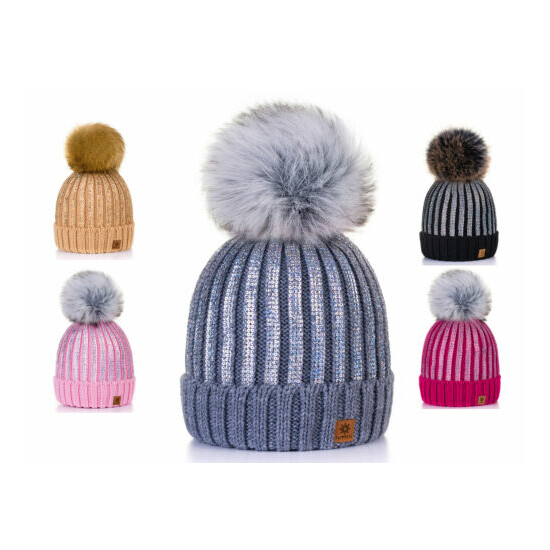 Kids Children Winter Beanie Hat Warm Knitted With Faux Large Pom Pon Rita image {1}