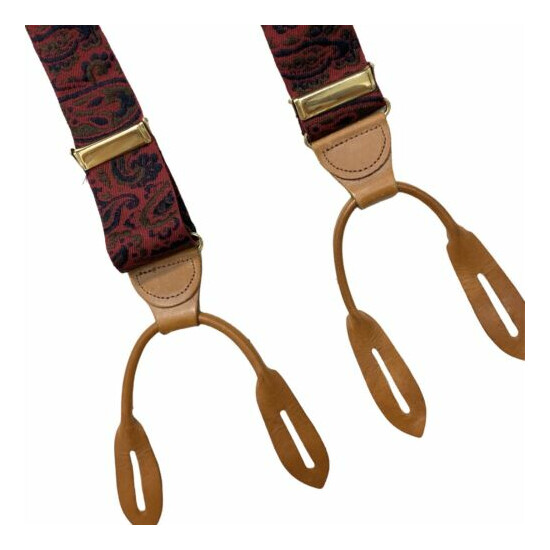 Cole Haan Red Navy Paisley Print Silk Suspenders Brown Button Braces image {4}