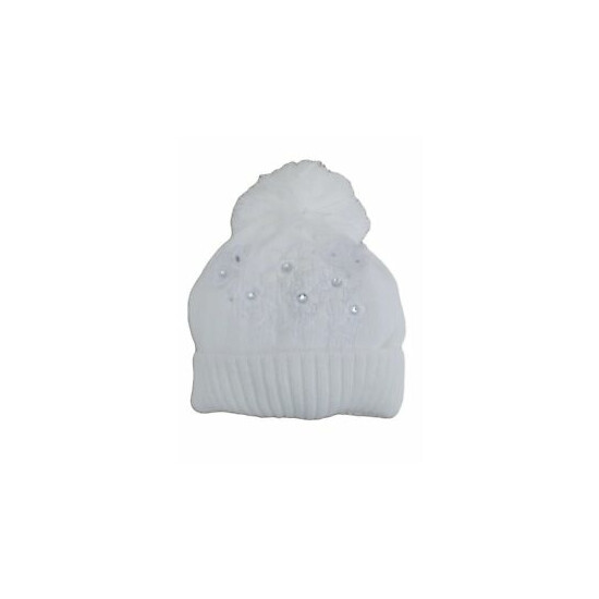 BNWT Baby girls warm winter butterfly & Diamonte pom pom white bobble hat 0-3 m image {1}