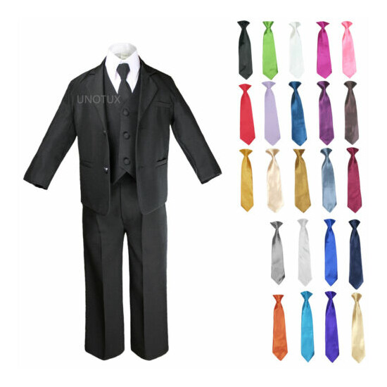 6pc Baby Boys Formal Wedding Black Vest Suits Tuxedo Extra Color Necktie Set S-7 image {1}