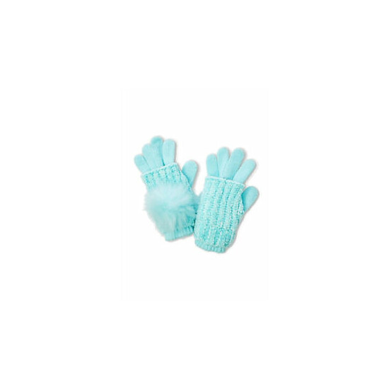 NWT Justice For Girls Aqua Collared Pompom 2 in 1 Knit Gloves  image {1}