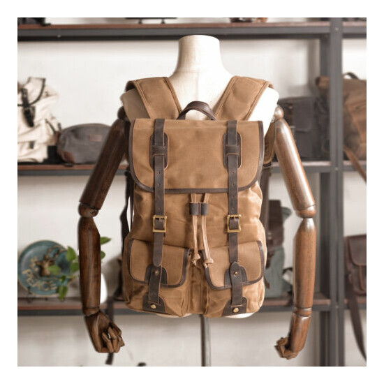 Men's Waterproof Oil Wax Canvas+Leather Backpack Satchel Camping bag Travel Bag Thumb {3}