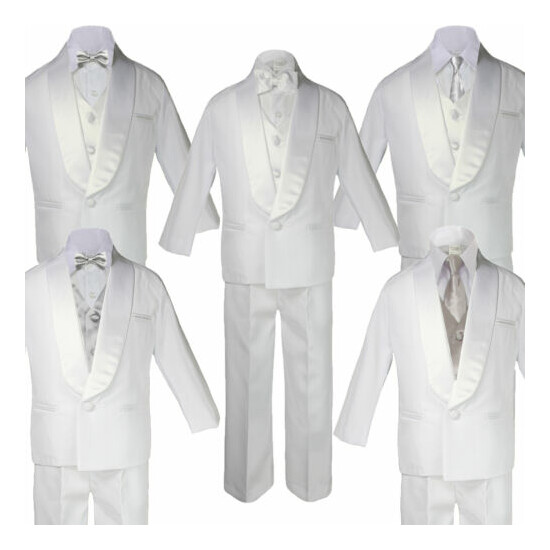 Baby Teen White Satin Shawl Lapel Suits Tuxedo SILVER Satin Bow Necktie Vest image {1}