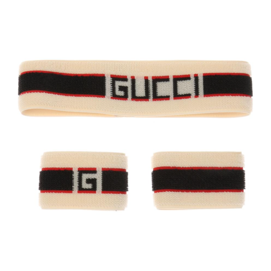 NWT Gucci Logo Stripe Web Stretch Sweatband Headband Wristband Cuff Set w/ Box image {2}