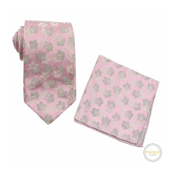 Condotti Pink Grey 100% Silk Floral Self-Tipped 7-Fold Tie + Pocket Square Set image {1}
