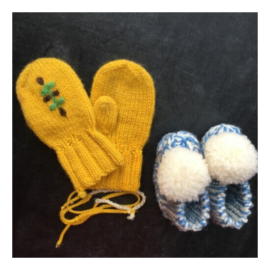 Handmade Vintage Knit Yellow Mittens and Blue Pom Booties Slippers image {1}