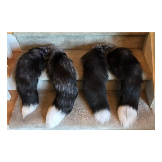 Canadian Natural Fox Tail Fur Mufflers Wrap, Black Gray White Tipped 48" Long image {3}