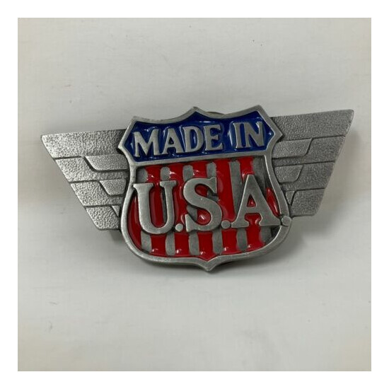 VTG C & J Made in USA Wings Badge Belt Buckle 1985 Patriotic America Flag image {1}