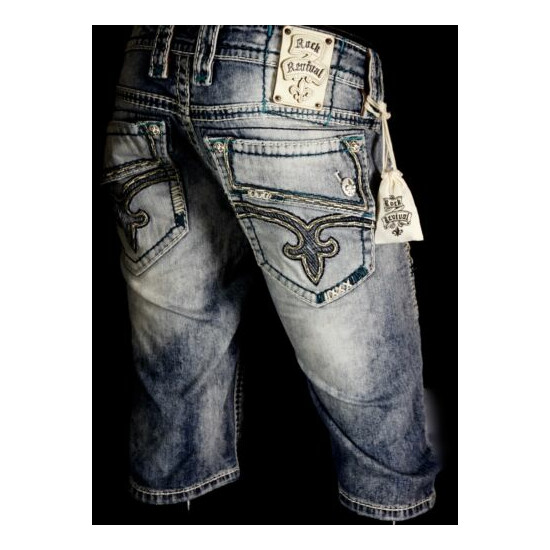 $220 Mens Rock Revival Jeans "Destin" Teal Stitch Leather Inserts Shorts 34 image {1}