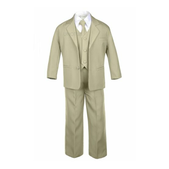 6pc Boy Kid Teen Formal Wedding Khaki Stone Suit Tuxedo Extra Satin Necktie S-4T image {2}