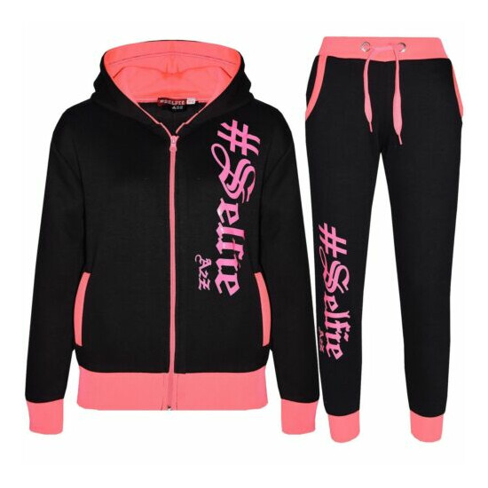 Kids #SELFIE Neon Pink Tracksuit Hoodie Sweatpants Zipper Joggers Set Girls image {1}