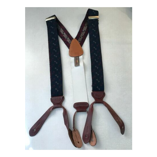 Trafalgar men's silk suspenders braces navy 1.5" wide button on image {1}